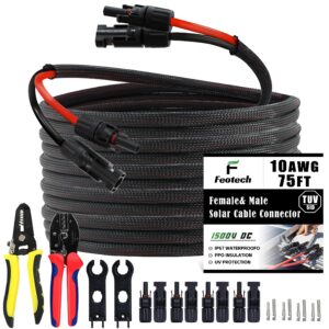 feotech twin wire 75ft solar extension cable - 10awg(6mm²) solar panel connector, with 6 pairs-ip67-male/female solar connectors for outdoor automotive rv boat marine solar panel- black & red