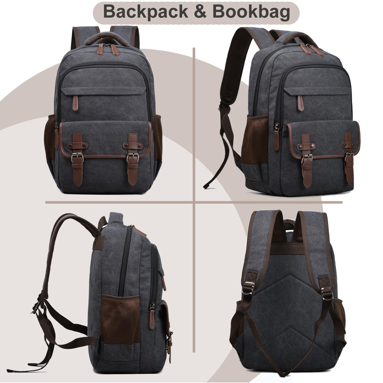 Canvas Laptop Backpack, Vintage Daypack for Men Women,Travel Work Rucksack College Bookbag Computer Bag Fits 15.6 Inch Laptop (Black)