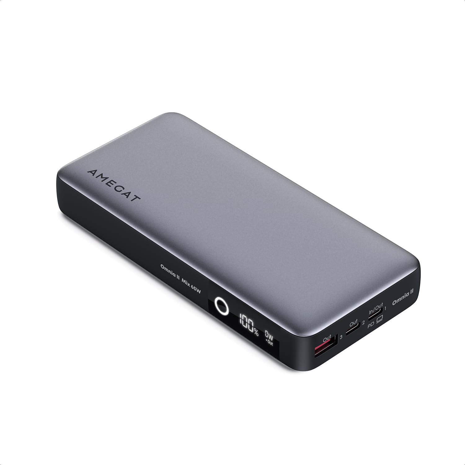 AMEGAT Power Bank 65W, 20000mAh Laptop Portable Charger USB C 3-Port PD 3.0 Battery Pack Digital Display, for MacBook, iPad Pro, iPhone 15/14/13/12 Series, Samsung, Steam Deck, AirPods and More