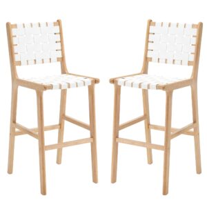 goolon faux leather bar stools set of 2, 29" bar height stools for kitchen island, modern farmhouse barstools with woven back comfy seat wood frame and footrest for home pub patio, white