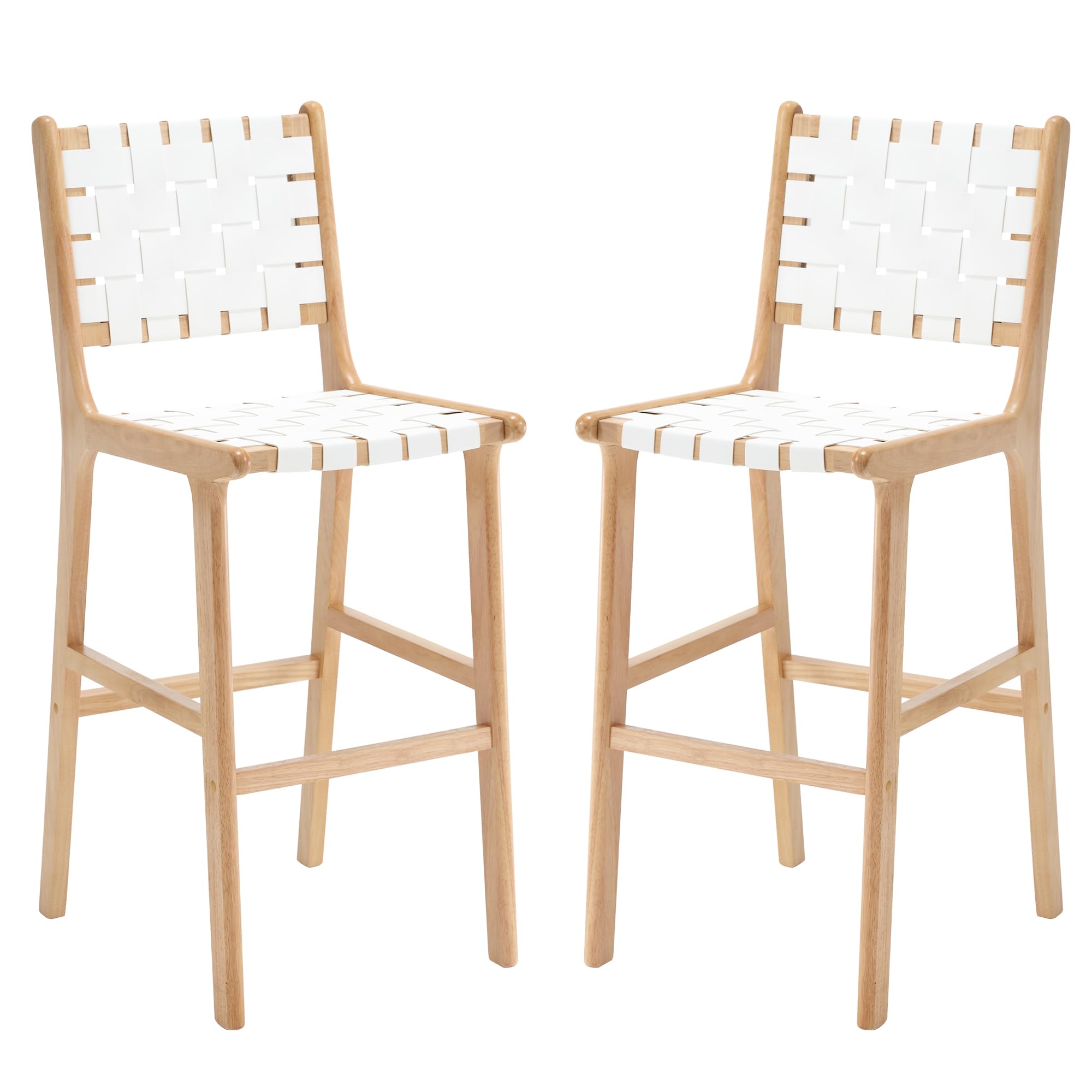 GOOLON Faux Leather Bar Stools Set of 2, 29" Bar Height Stools for Kitchen Island, Modern Farmhouse Barstools with Woven Back Comfy Seat Wood Frame and Footrest for Home Pub Patio, White