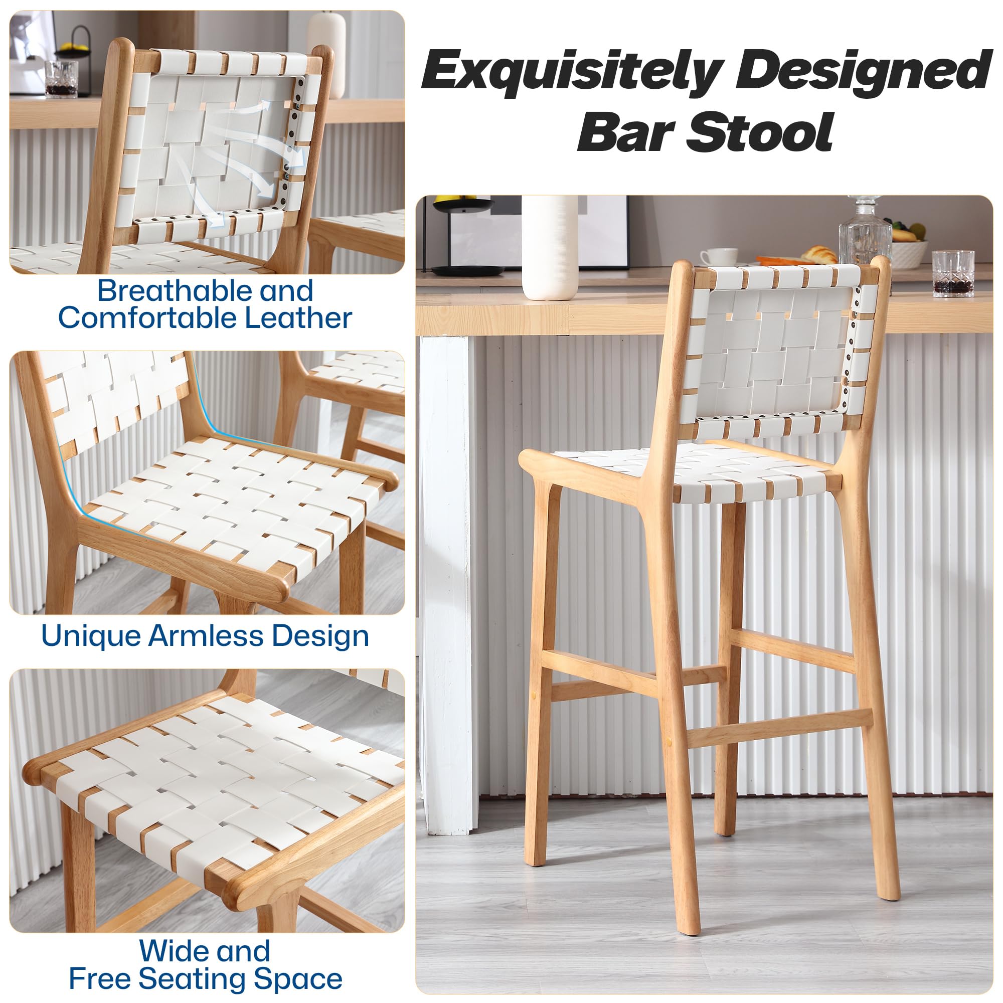 GOOLON Faux Leather Bar Stools Set of 2, 29" Bar Height Stools for Kitchen Island, Modern Farmhouse Barstools with Woven Back Comfy Seat Wood Frame and Footrest for Home Pub Patio, White