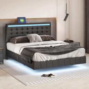 merax modern tufted floating plattform bed with led lights and usb charging, queen bed frame with headboard, no box spring needed, black