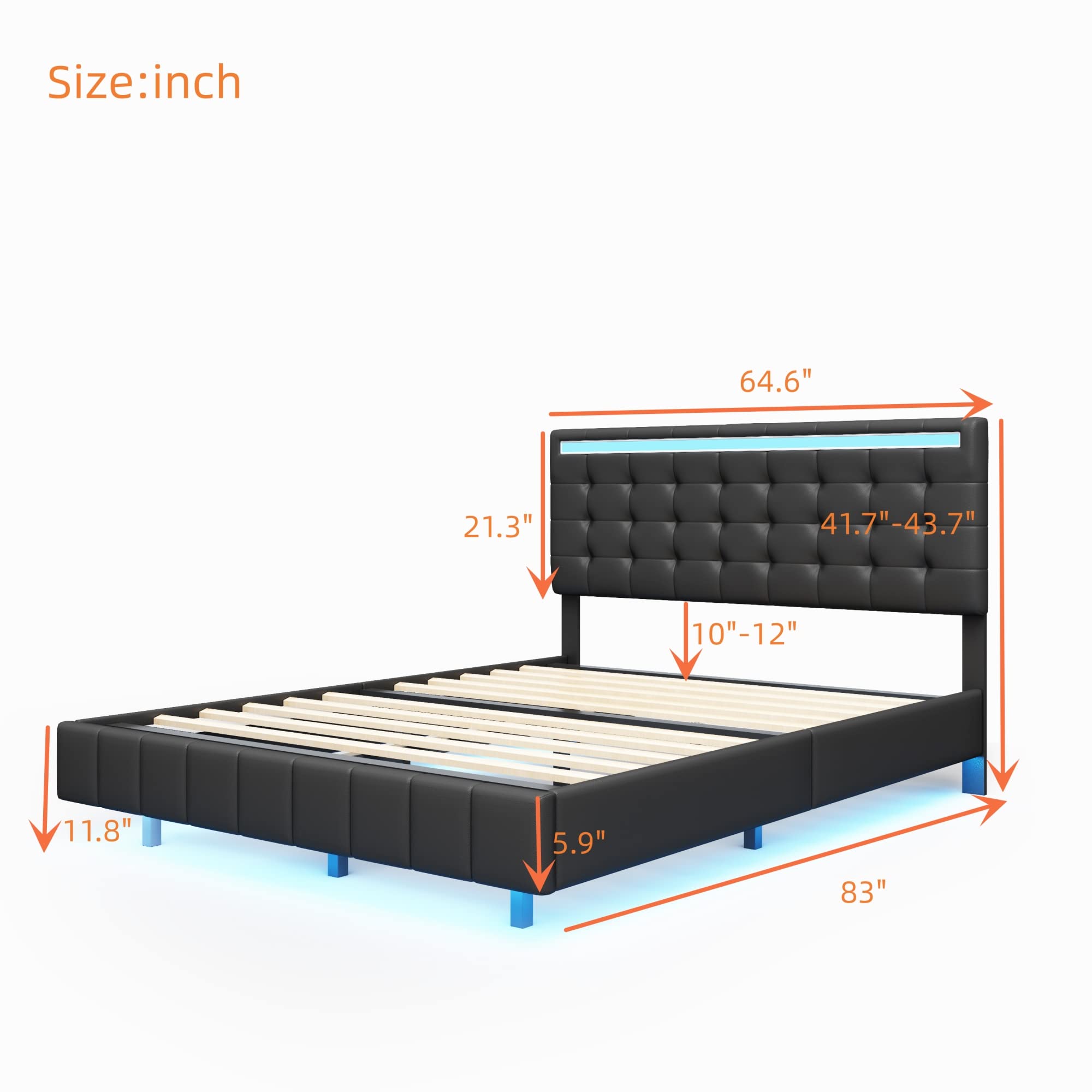 Merax Modern Tufted Floating Plattform Bed with LED Lights and USB Charging, Queen Bed Frame with Headboard, No Box Spring Needed, Black