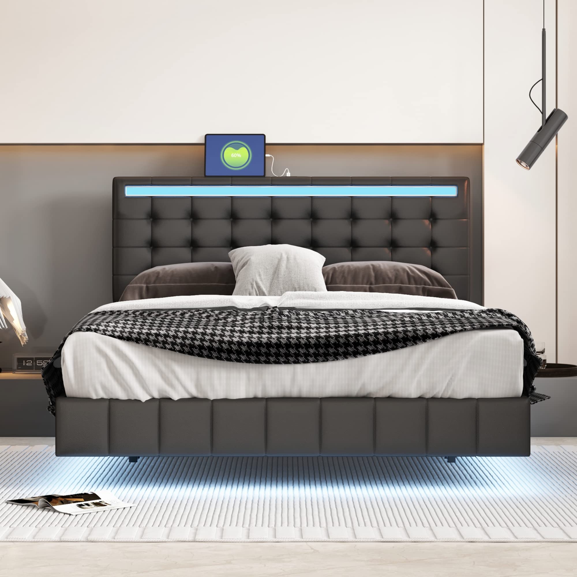 Merax Modern Tufted Floating Plattform Bed with LED Lights and USB Charging, Queen Bed Frame with Headboard, No Box Spring Needed, Black