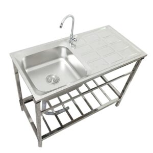 outdoor stainless steel sink, free standing commercial restaurant utility single bowl kitchen washing station hand basin sink set with storage shelves for laundry tub backyard garage