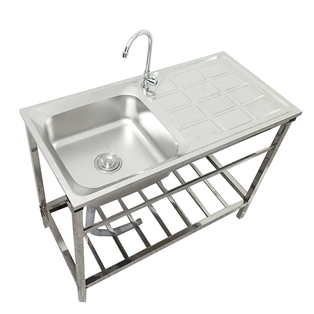 Outdoor Stainless Steel Sink, Free Standing Commercial Restaurant Utility Single Bowl Kitchen Washing Station Hand Basin Sink Set with Storage Shelves for Laundry Tub Backyard Garage