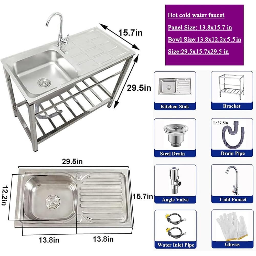 Outdoor Stainless Steel Sink, Free Standing Commercial Restaurant Utility Single Bowl Kitchen Washing Station Hand Basin Sink Set with Storage Shelves for Laundry Tub Backyard Garage