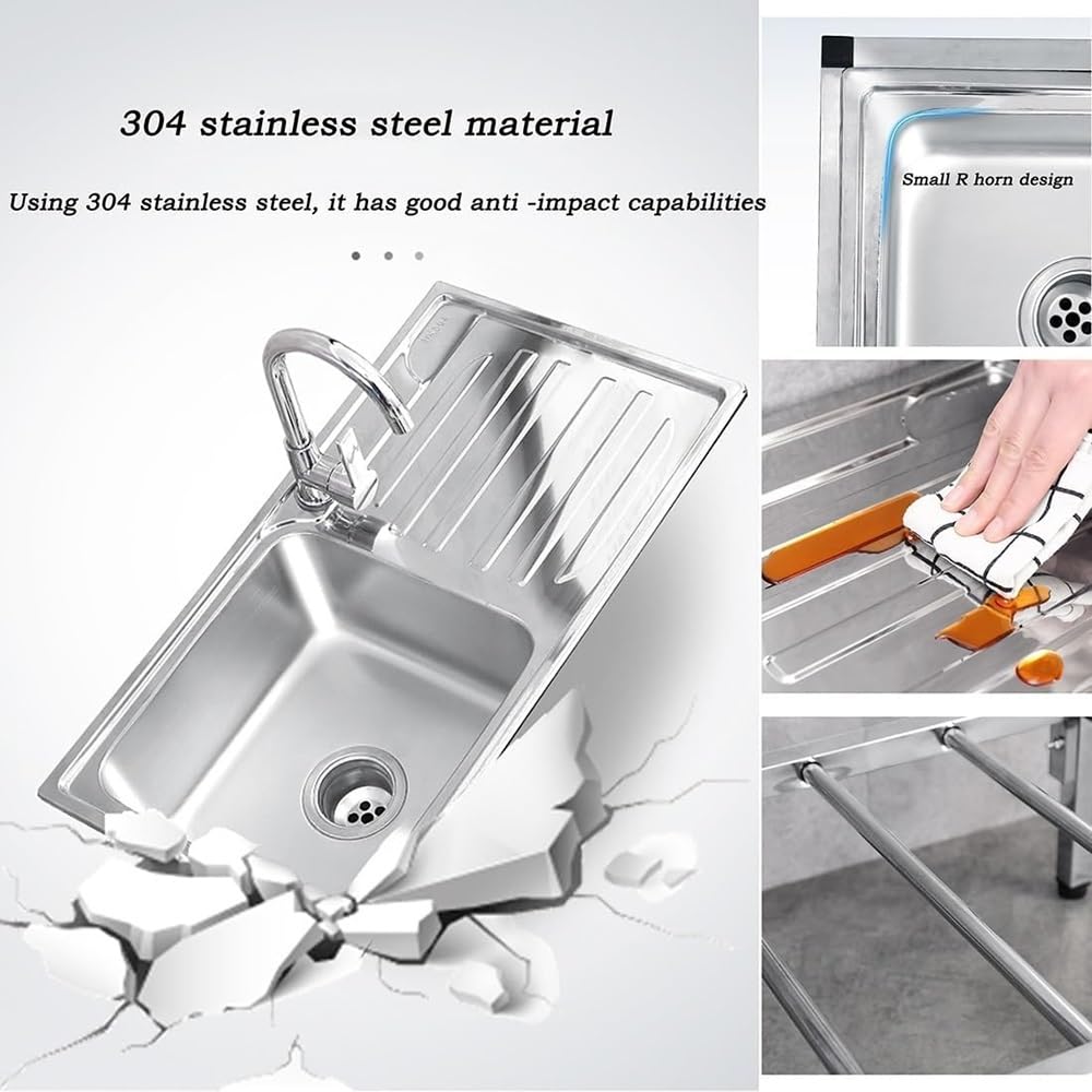 Outdoor Stainless Steel Sink, Free Standing Commercial Restaurant Utility Single Bowl Kitchen Washing Station Hand Basin Sink Set with Storage Shelves for Laundry Tub Backyard Garage