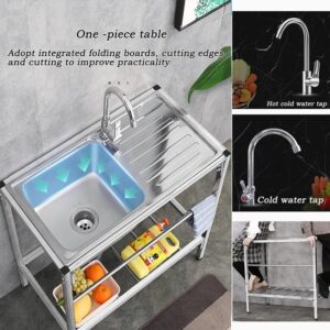 Outdoor Stainless Steel Sink, Free Standing Commercial Restaurant Utility Single Bowl Kitchen Washing Station Hand Basin Sink Set with Storage Shelves for Laundry Tub Backyard Garage