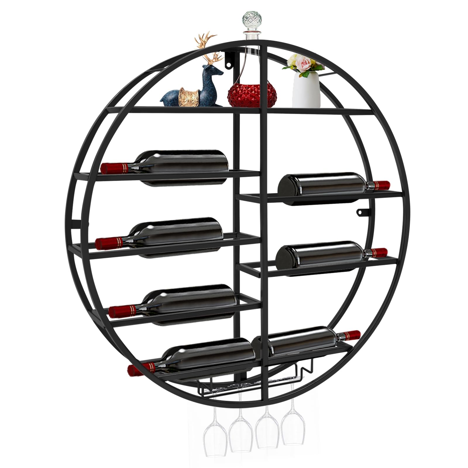 Headery Modern 23.6inch Mental Wall Mounted Wine Rack,5 Tier Stackable Wine Holder, Round Wine Glass Shelf Goblet Holder for Bar Wine Cellar Kitchen Storage Display (Gold/Black) (Black)