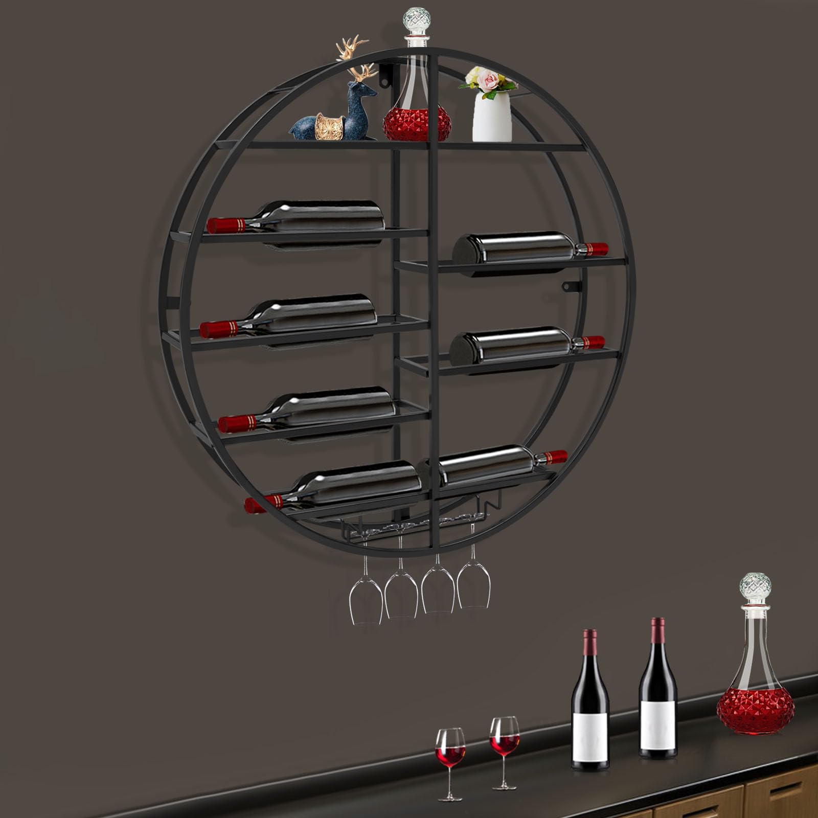 Headery Modern 23.6inch Mental Wall Mounted Wine Rack,5 Tier Stackable Wine Holder, Round Wine Glass Shelf Goblet Holder for Bar Wine Cellar Kitchen Storage Display (Gold/Black) (Black)