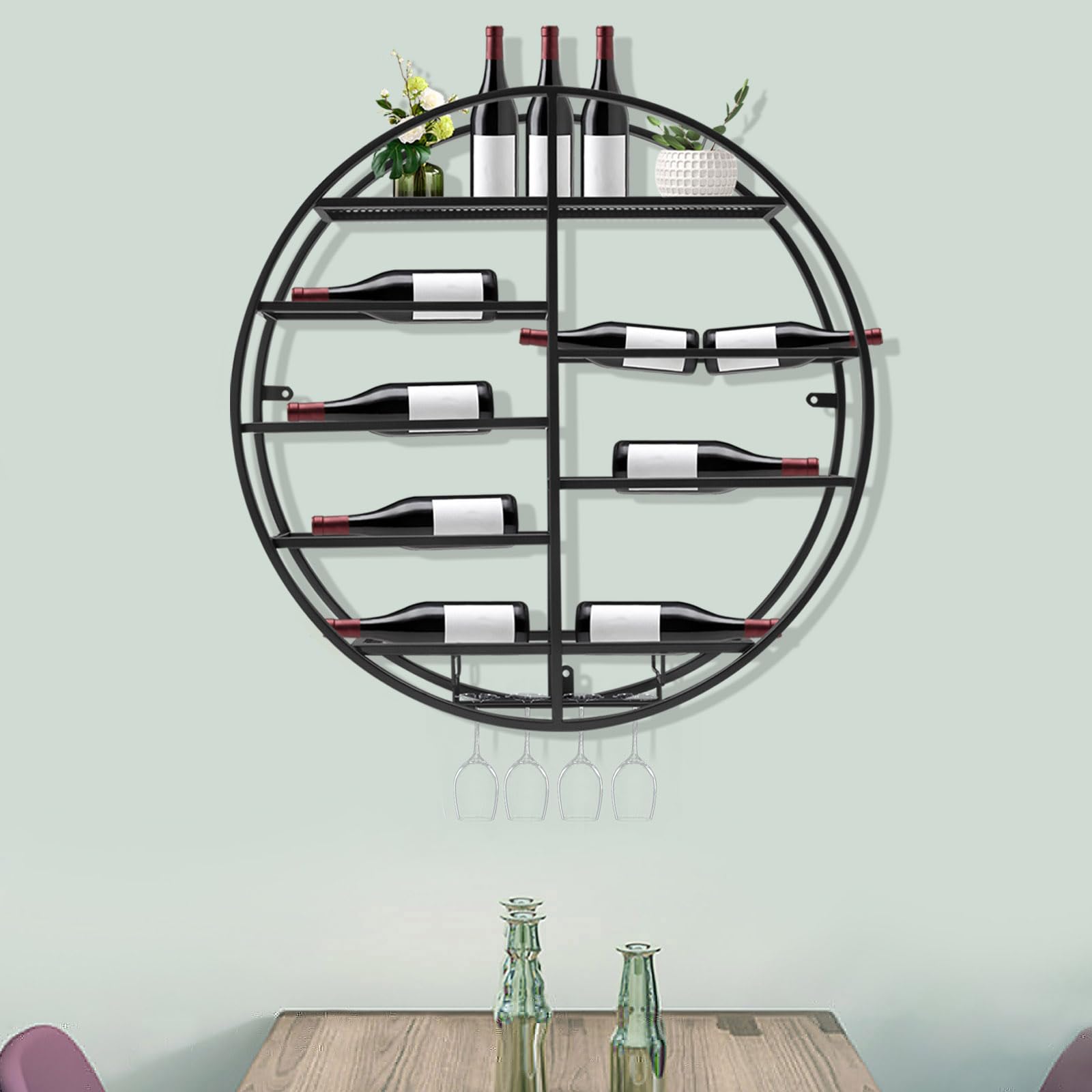 Headery Modern 23.6inch Mental Wall Mounted Wine Rack,5 Tier Stackable Wine Holder, Round Wine Glass Shelf Goblet Holder for Bar Wine Cellar Kitchen Storage Display (Gold/Black) (Black)