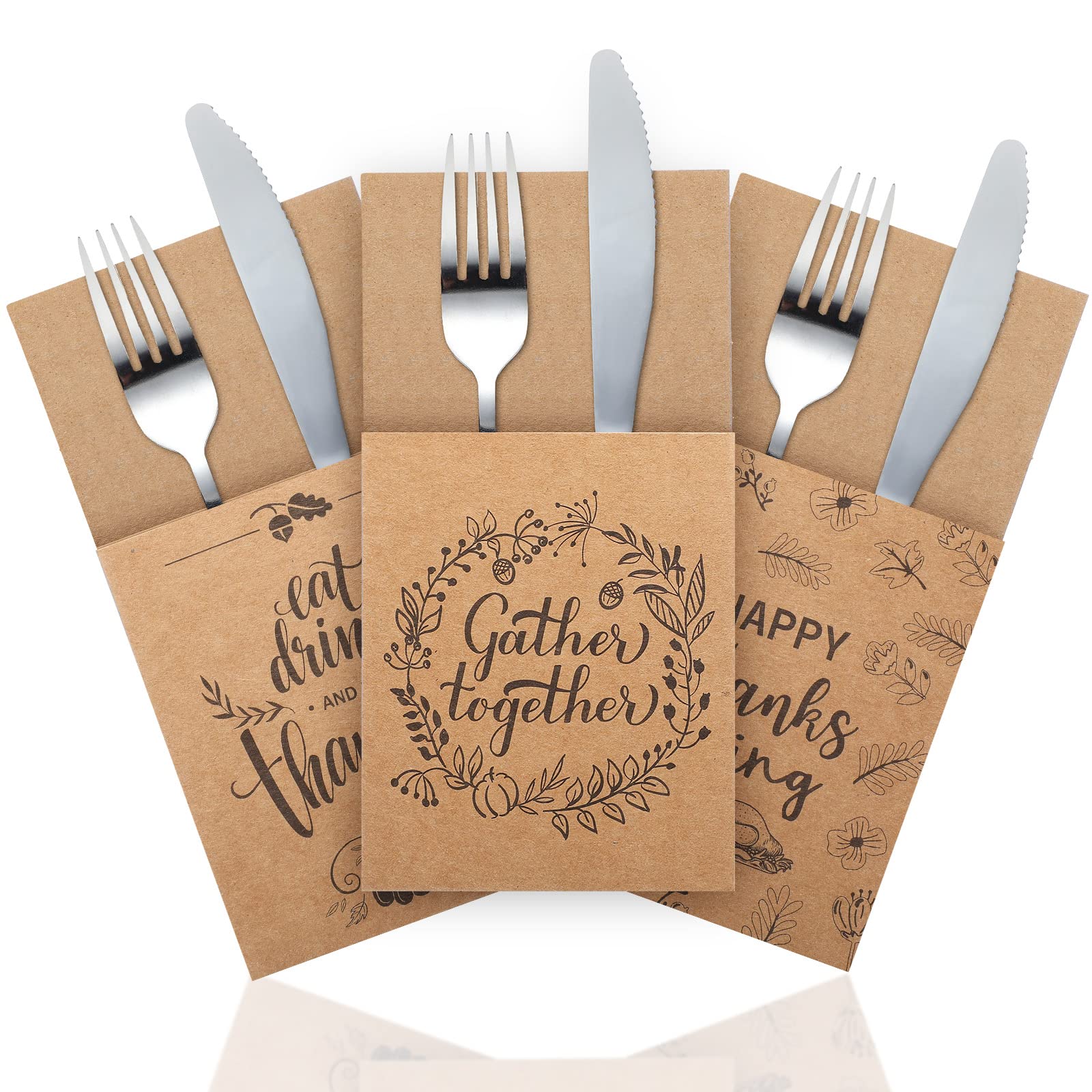 Macarrie 100 Pcs Thanksgiving Cutlery Holder Set Thanksgiving Turkey Utensil Holder Kraft Pockets for DIY Dinner Table Decorations Autumn Fall Harvest Party Favor Supply