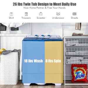 COSTWAY Portable Washing Machine, Twin Tub 26lbs Capacity Laundry Washer, 18lbs Washer and 8lbs Spinner Combo with Timer Knobs, Built-in Drain Pump, Compact Washer for Home Dorm Apartment, Blue+White