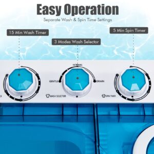 COSTWAY Portable Washing Machine, Twin Tub 26lbs Capacity Laundry Washer, 18lbs Washer and 8lbs Spinner Combo with Timer Knobs, Built-in Drain Pump, Compact Washer for Home Dorm Apartment, Blue+White