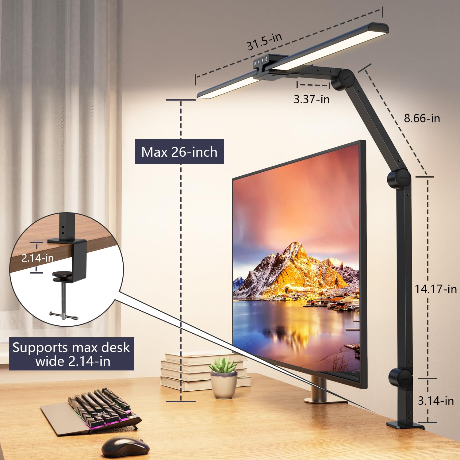 KableRika Desk Lamp,Double Head Desk Lamp with Clamp,24W Led Desk Lights for Home Office Ultra Bright Architect Table Lamp 4 Brightness 4 Color,Auto Dimming Task Lamp for Monitor Work Study