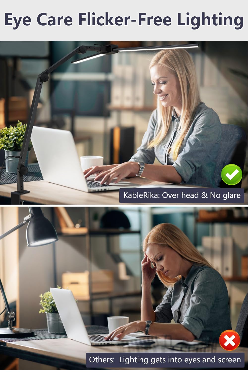 KableRika Desk Lamp,Double Head Desk Lamp with Clamp,24W Led Desk Lights for Home Office Ultra Bright Architect Table Lamp 4 Brightness 4 Color,Auto Dimming Task Lamp for Monitor Work Study