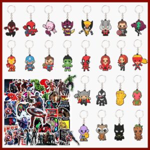74pcs super hero party favors comics keychain stickers for hero themed party supplies, collect keychains for bulk party favors, school day birthday christmas party supplies for kids