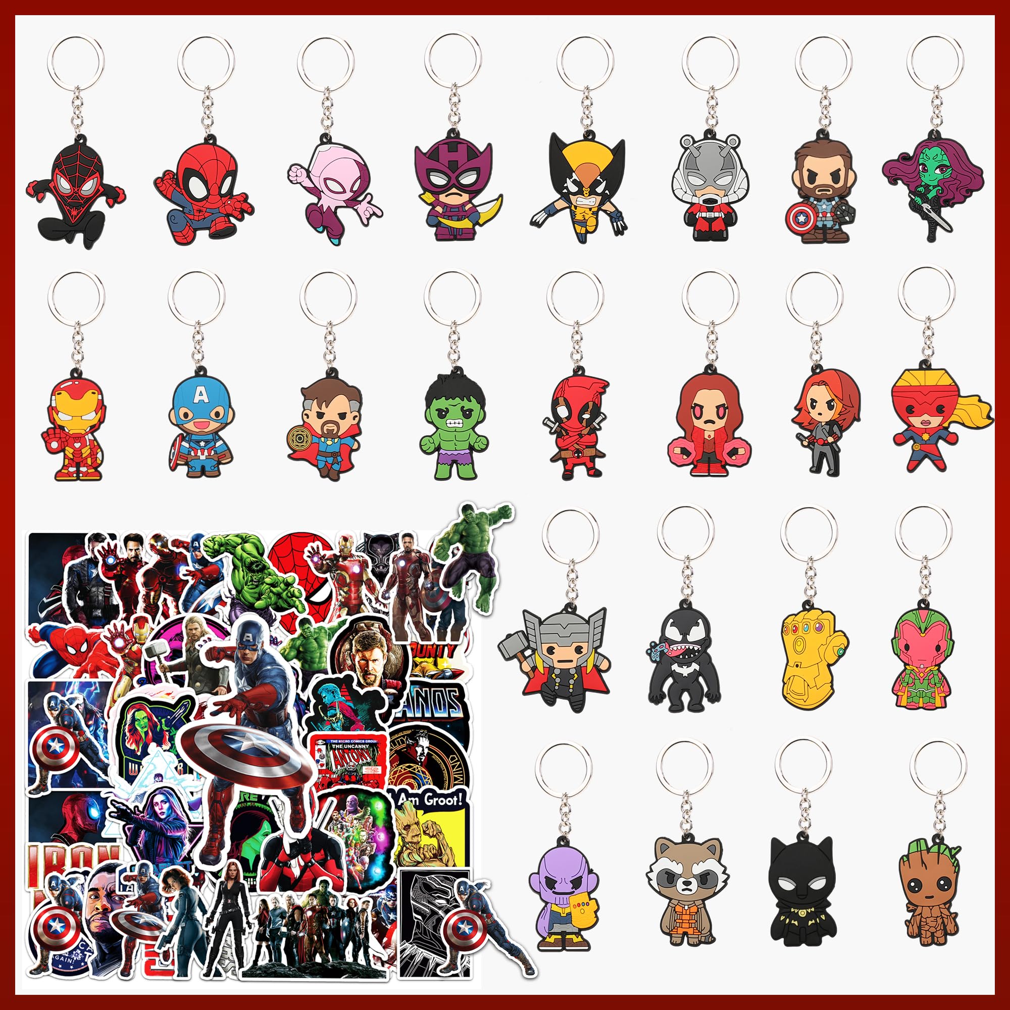 74PCS Super Hero Party Favors Comics Keychain Stickers for Hero Themed Party Supplies, Collect keychains for Bulk Party Favors, School Day Birthday Christmas Party Supplies for Kids