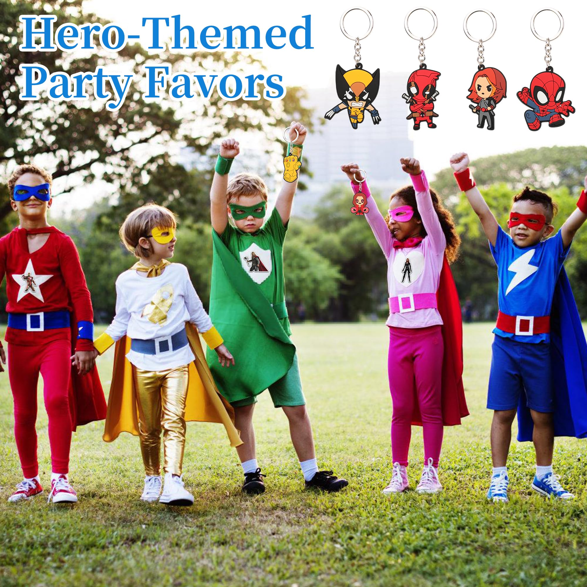 74PCS Super Hero Party Favors Comics Keychain Stickers for Hero Themed Party Supplies, Collect keychains for Bulk Party Favors, School Day Birthday Christmas Party Supplies for Kids