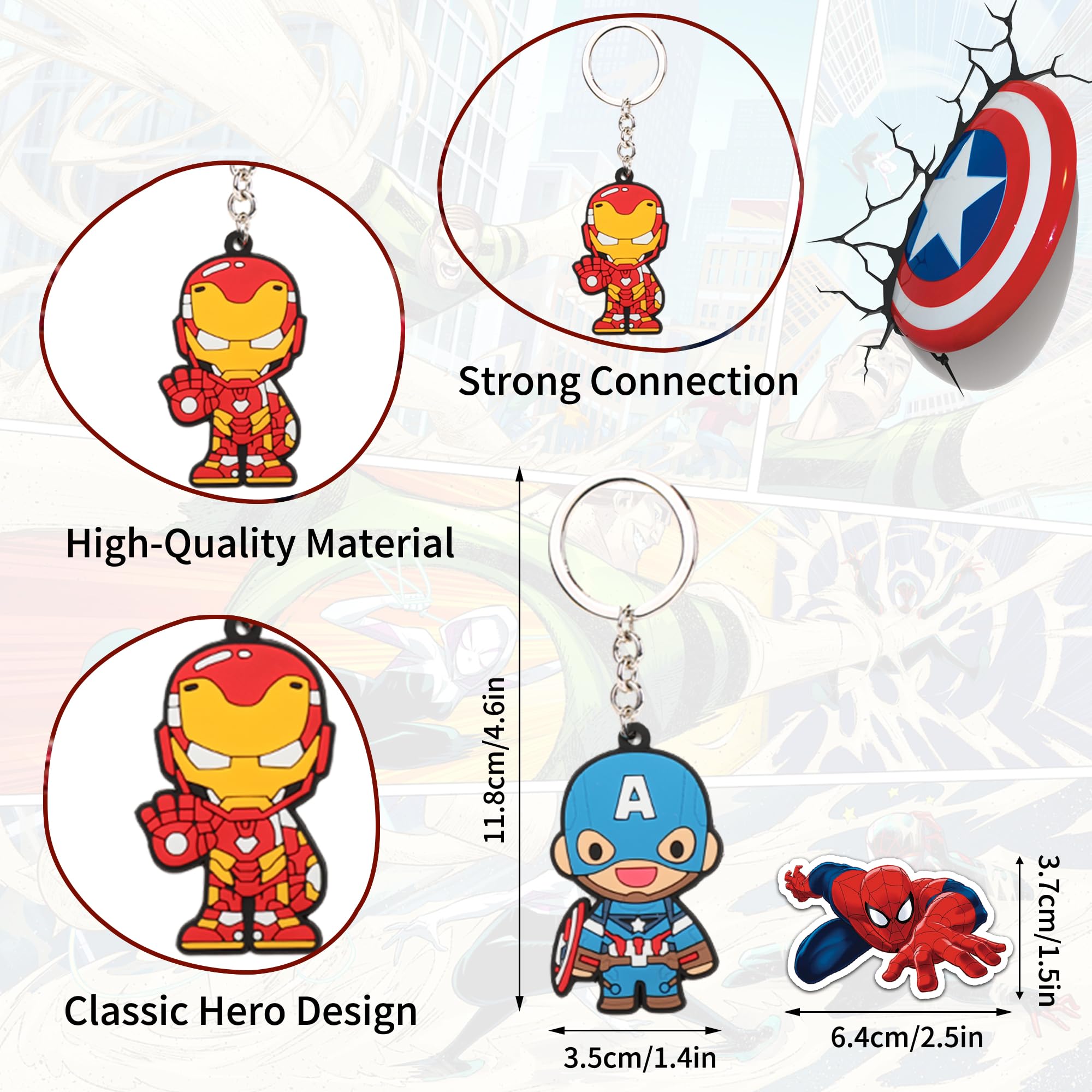 74PCS Super Hero Party Favors Comics Keychain Stickers for Hero Themed Party Supplies, Collect keychains for Bulk Party Favors, School Day Birthday Christmas Party Supplies for Kids