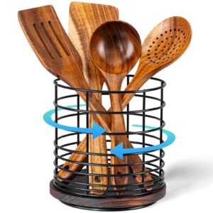 360°rotating utensil holder for kitchen counter-6.5" metal & wooden large cooking utensil holder with drainage hole，kitchen utensil storage organizer for countertops，spatula holder for farmhouse decor