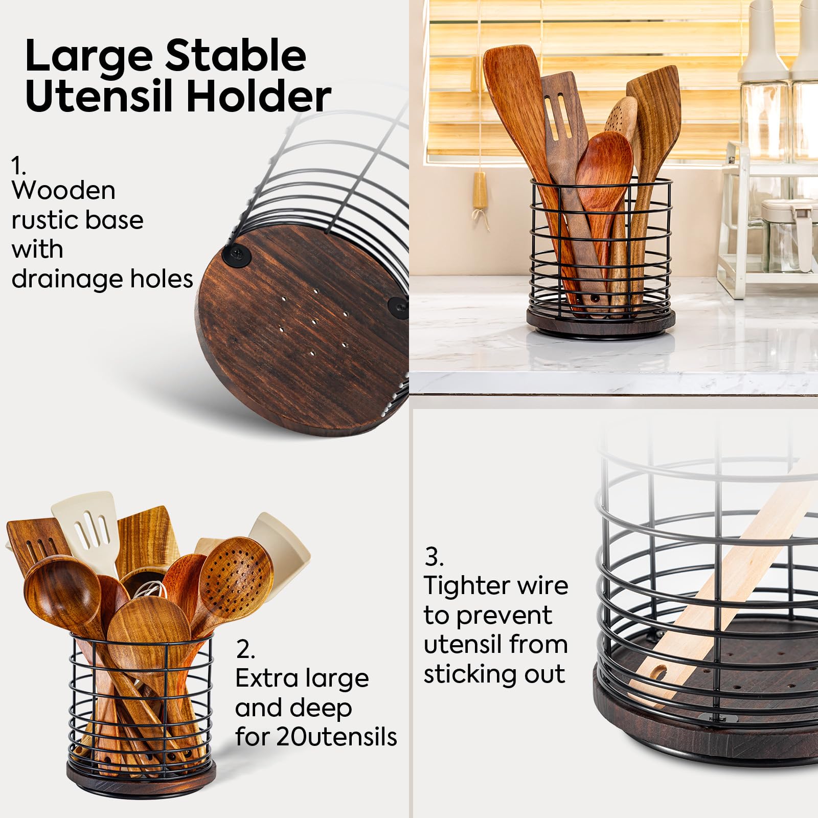 360°Rotating Utensil Holder for Kitchen Counter-6.5" Metal & Wooden Large Cooking Utensil Holder with Drainage Hole，Kitchen Utensil Storage Organizer for Countertops，Spatula Holder for Farmhouse Decor