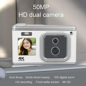 50MP 4K HD Dual Cam Digital Camera with 16X Zoom, Dual IPS Screen and Beauty Flashlight, Small and Portable Digital Camera Digital Camera (White)