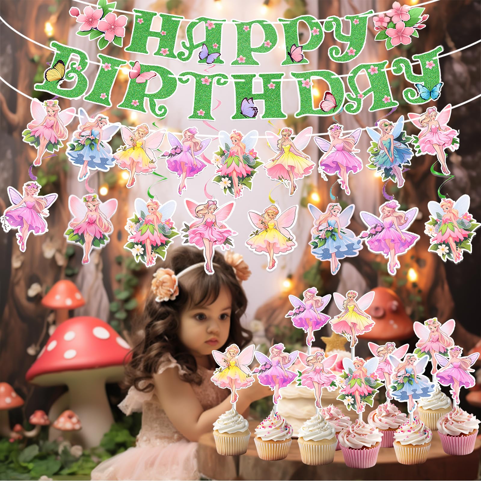 No-DIY Fairy Party Decorations Fairy Birthday Decorations Green Garden Birthday decorations Fairy Banner Fairy Birthday Party Supplies Butterfly Flower Birthday Party Decoration Enchanted Forest Happy