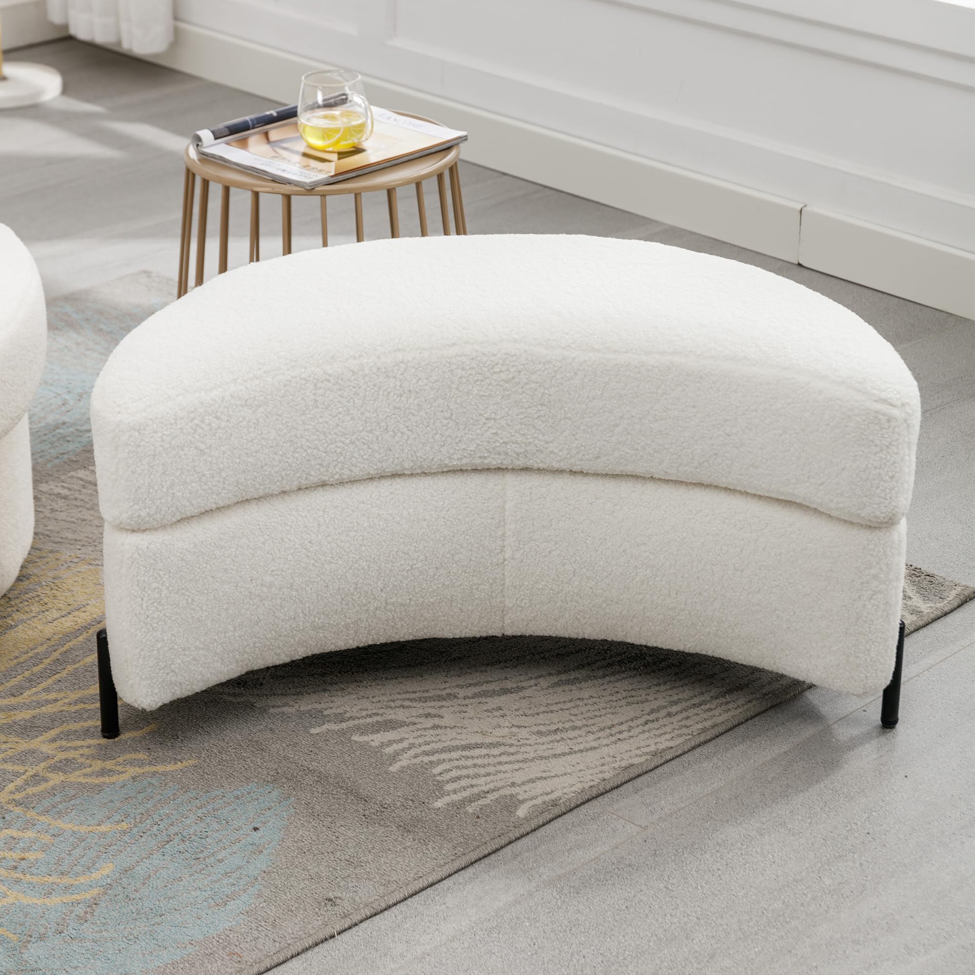 HomSof 32.7" W Sherpa Upholstered Half Crescent Moon Storage Bench Large Ottoman with Tray Serve As Side Table Soft Padded Seat Dressing Shoe Bench Foot Rest for Living Room,Entryway,Hallway (Ivory)