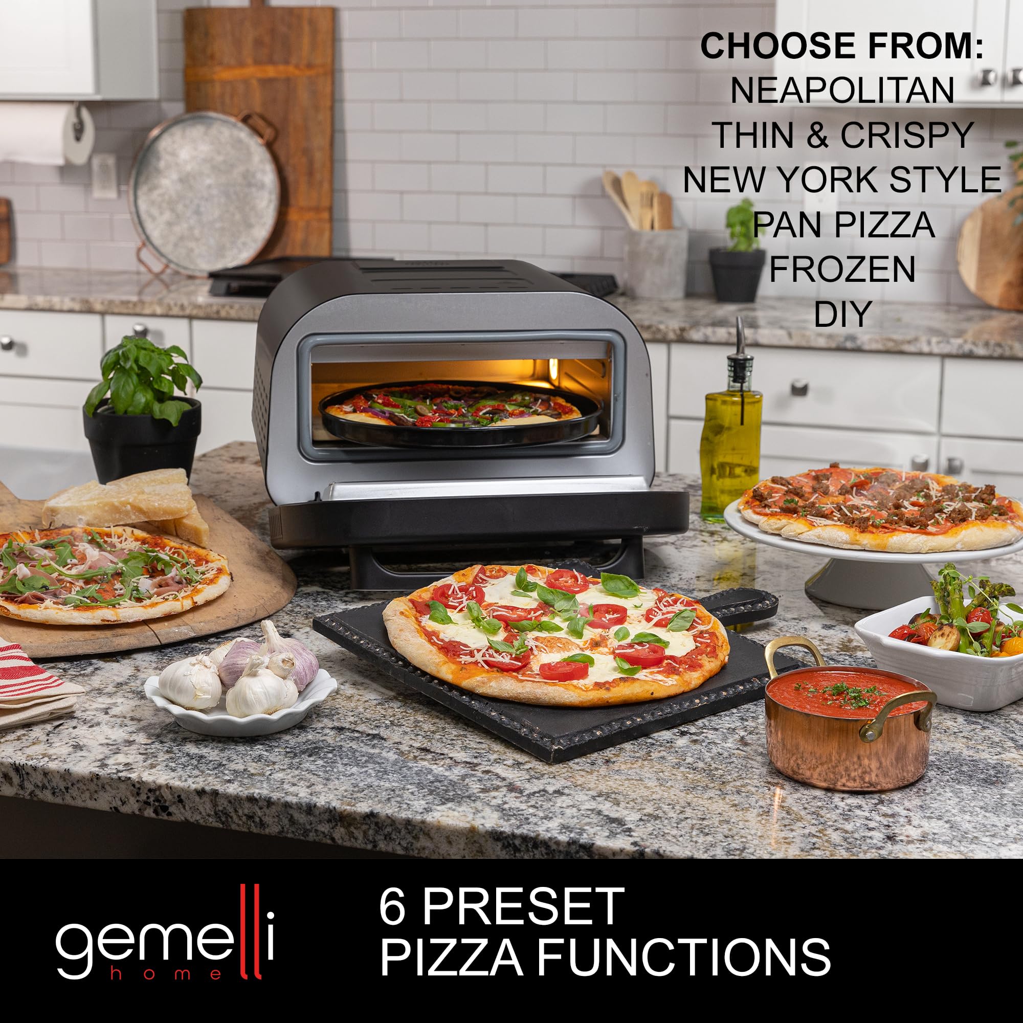 Gemelli Home Pizza Oven, Electric Indoor & Outdoor Pizza Maker, Up to 750ºF, Countertop Pizza Oven w/ 6 Preset Functions, Pizza Stone, & Accessories