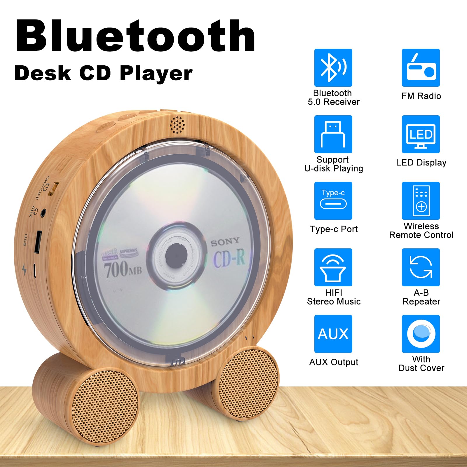 WOKALON Portable CD Player with Headphones, Desktop Bluetooth CD Players for Home with LCD Screen Display Built in HiFi Speakers Support Timed Music ON/Off CD Bluetooth FM USB SD