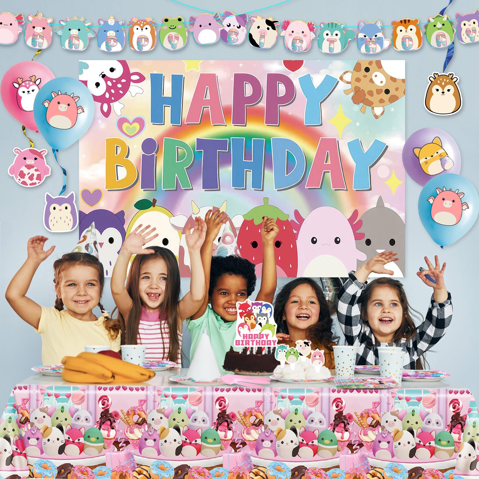 𝓢𝓺𝓾𝓲𝓼𝓱𝓶𝓪𝓵𝓵𝓸𝔀𝓼 Birthday Party Supplies - 151Pcs 𝓢𝓺𝓾𝓲𝓼𝓱𝓶𝓪𝓵𝓵𝓸𝔀𝓼 Birthday Decorations include Banner Tablecloth Backdrop Ballons Cupcake Cake Toppers Tableware Hanging Swirls