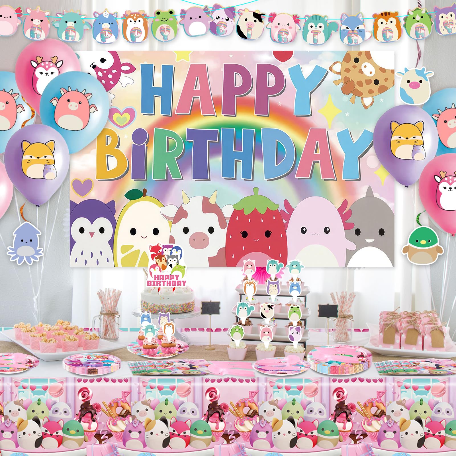 𝓢𝓺𝓾𝓲𝓼𝓱𝓶𝓪𝓵𝓵𝓸𝔀𝓼 Birthday Party Supplies - 151Pcs 𝓢𝓺𝓾𝓲𝓼𝓱𝓶𝓪𝓵𝓵𝓸𝔀𝓼 Birthday Decorations include Banner Tablecloth Backdrop Ballons Cupcake Cake Toppers Tableware Hanging Swirls