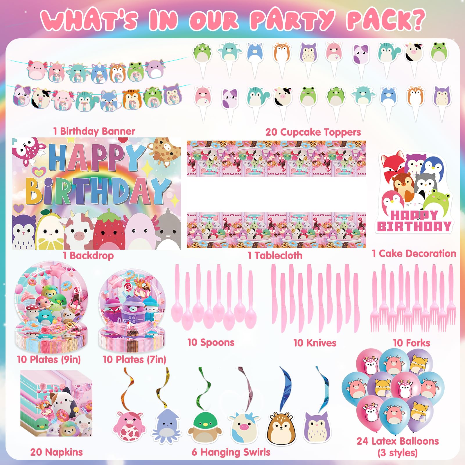 𝓢𝓺𝓾𝓲𝓼𝓱𝓶𝓪𝓵𝓵𝓸𝔀𝓼 Birthday Party Supplies - 151Pcs 𝓢𝓺𝓾𝓲𝓼𝓱𝓶𝓪𝓵𝓵𝓸𝔀𝓼 Birthday Decorations include Banner Tablecloth Backdrop Ballons Cupcake Cake Toppers Tableware Hanging Swirls