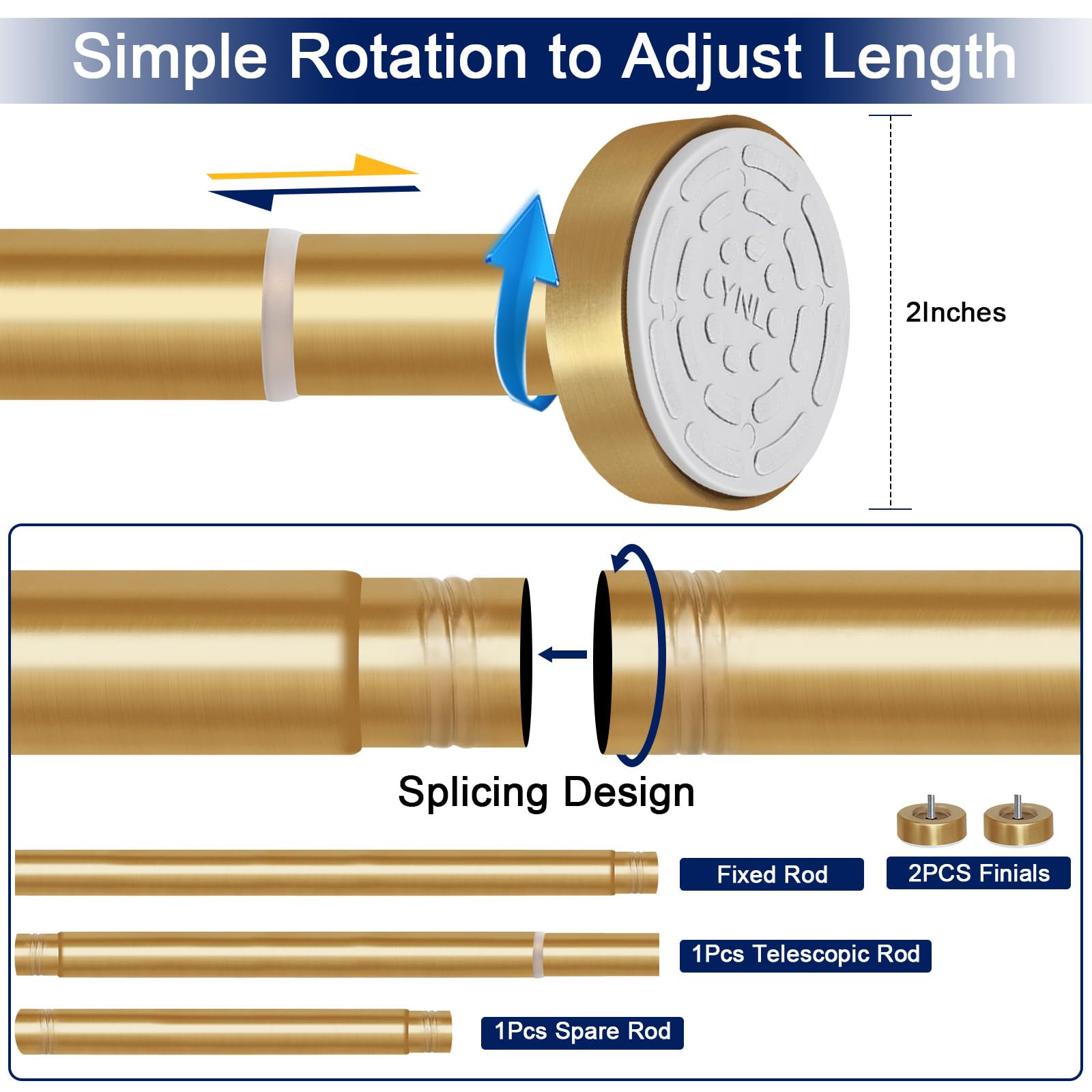 YNL Tension Shower Curtain Rod- No Drill, Never Rust, Non-Slip Spring Tension Rods for Bathroom, 45-80 inches, Stainless Steel, Brushed Gold