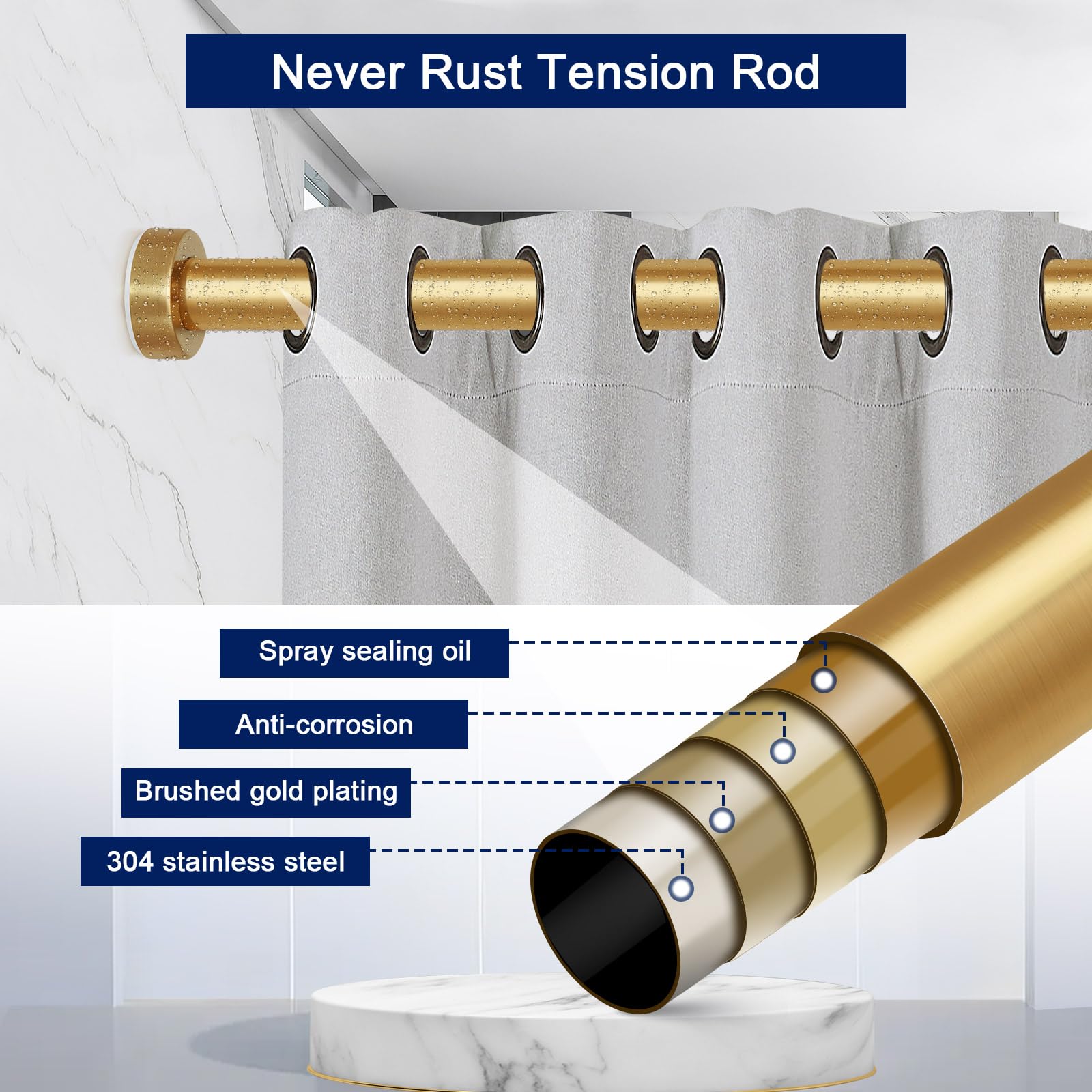 YNL Tension Shower Curtain Rod- No Drill, Never Rust, Non-Slip Spring Tension Rods for Bathroom, 45-80 inches, Stainless Steel, Brushed Gold