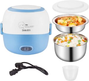 mini rice cooker- 110v 200w removable stainless steel food heating rice cooker - with bowl, plate, measuring cup (blue)