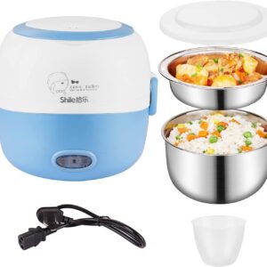 Mini Rice Cooker- 110V 200W Removable Stainless Steel Food Heating Rice Cooker - with Bowl, Plate, Measuring Cup (Blue)