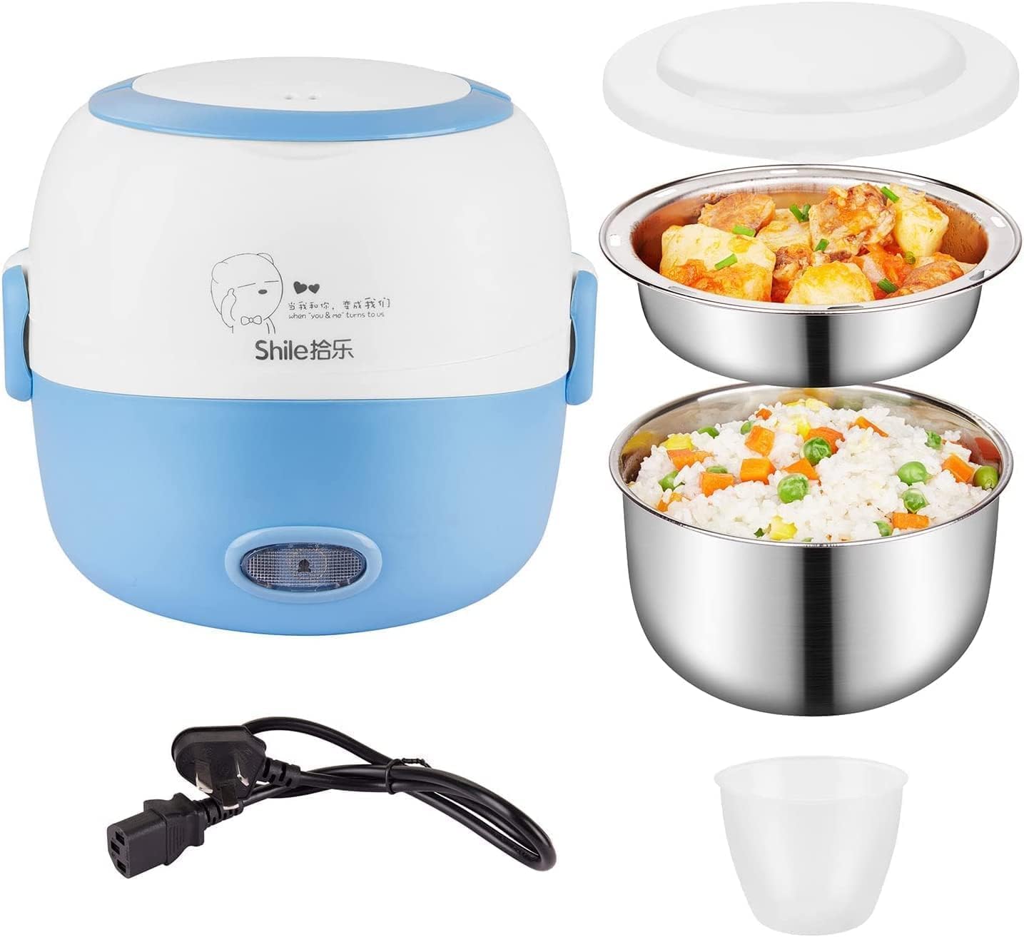 Mini Rice Cooker- 110V 200W Removable Stainless Steel Food Heating Rice Cooker - with Bowl, Plate, Measuring Cup (Blue)