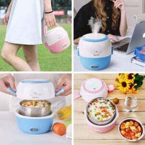 Mini Rice Cooker- 110V 200W Removable Stainless Steel Food Heating Rice Cooker - with Bowl, Plate, Measuring Cup (Blue)