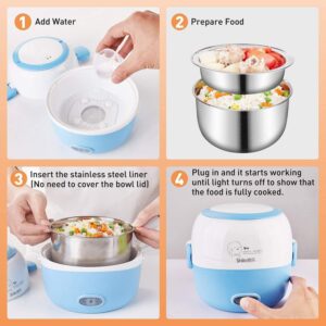 Mini Rice Cooker- 110V 200W Removable Stainless Steel Food Heating Rice Cooker - with Bowl, Plate, Measuring Cup (Blue)