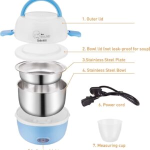 Mini Rice Cooker- 110V 200W Removable Stainless Steel Food Heating Rice Cooker - with Bowl, Plate, Measuring Cup (Blue)