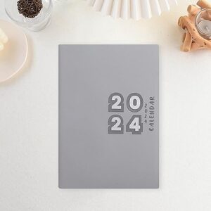 Grebest Monthly Tabs Agenda Book 2024 Planner Faux Leather Cover 12 Months A5 Calendar Notebook 155 Sheets Wire Binding Embossed Grey A5