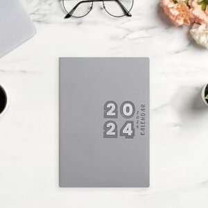 Grebest Monthly Tabs Agenda Book 2024 Planner Faux Leather Cover 12 Months A5 Calendar Notebook 155 Sheets Wire Binding Embossed Grey A5