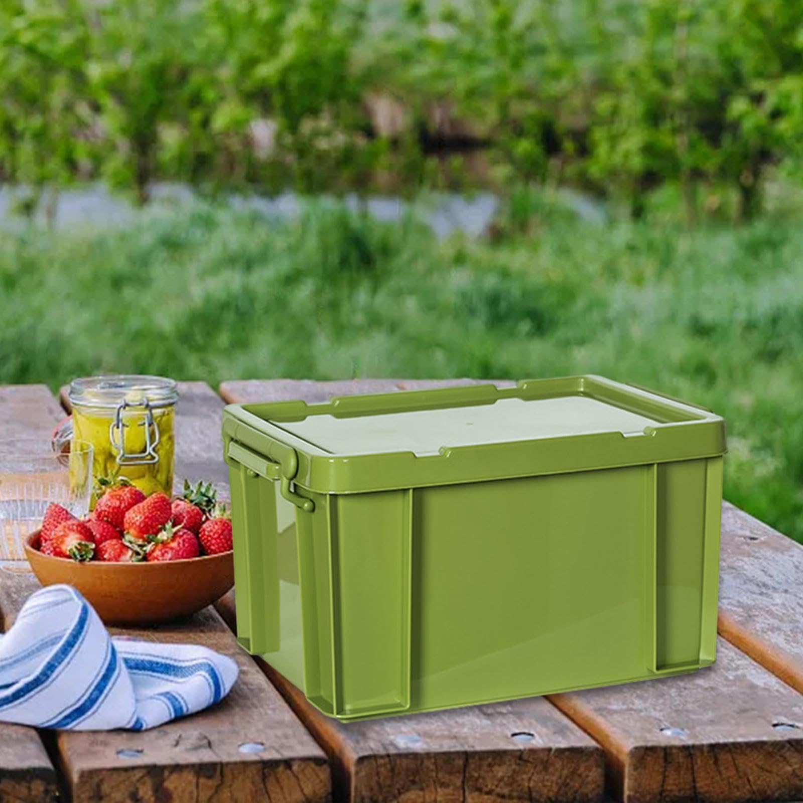 Fenteer PP Storage Box, Industrial Tote Bin with Lids and Latching Buckles, Stackable Camping Storage Container for Shoes, Storage Room, Toys, Garage, Green