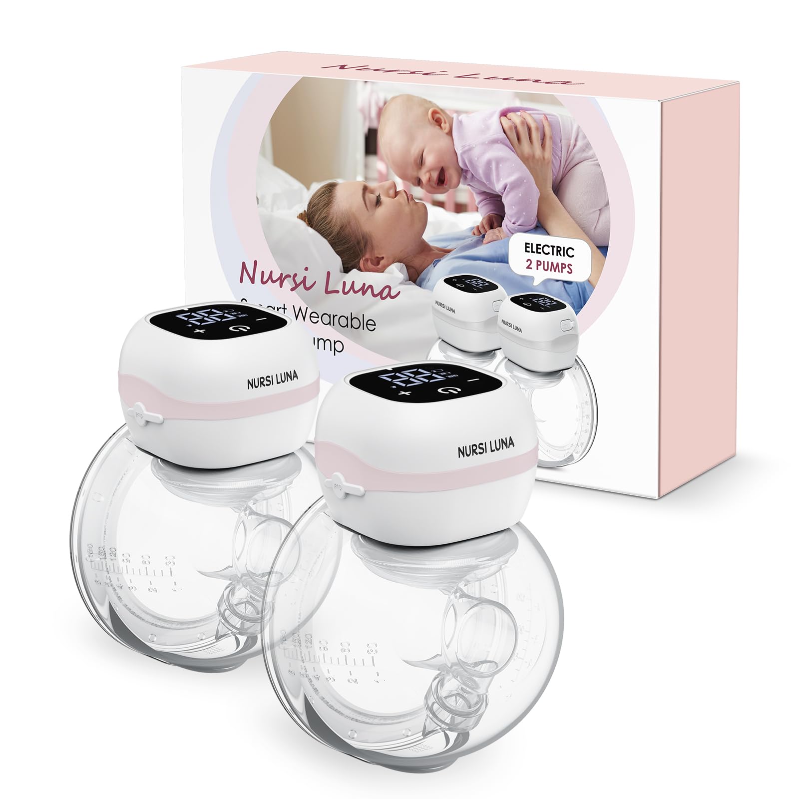 Nursi Luna Breast Pump Hands Free, Double Wearable Breast Pump with 3 Modes & 12 Levels, Smart Touchscreen, Low Noise Portable Wireless Electric Breast Pump with Flange Inserts (Pack of 2, Pink)