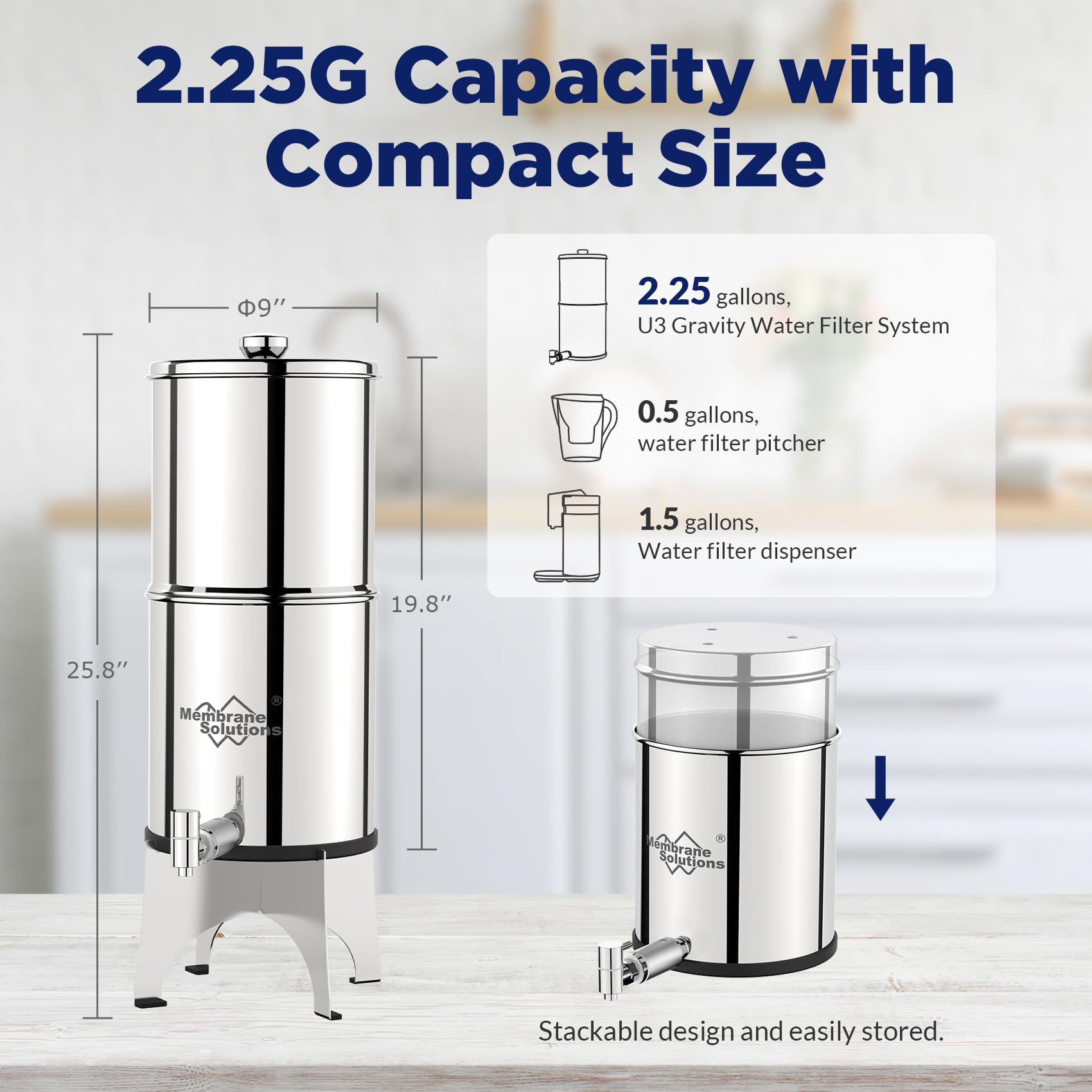 Membrane Solutions UV Countertop Water Filtration System, Stainless Steel 2.25G Gravity Water Filter with 3 Pack 0.1-Micron UF Filters, for Home, Camping, and RVing (U3P)