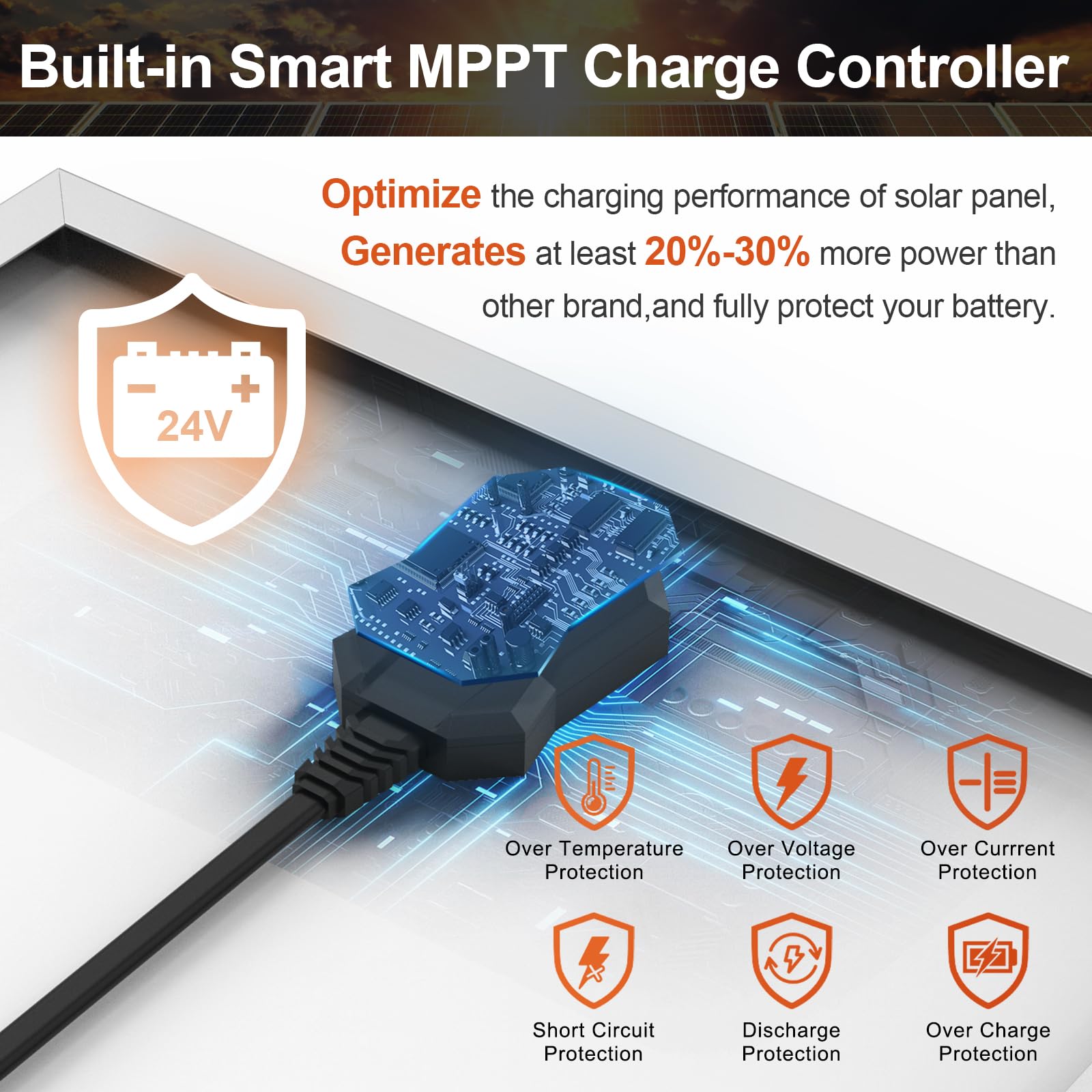 24V Waterproof Solar Battery Trickle Charger & Maintainer - 20 Watts Solar Panel Built-in Intelligent MPPT Solar Charge Controller + Improved 3 Stages of Charging Algorithm + SAE Connection Cable Kits